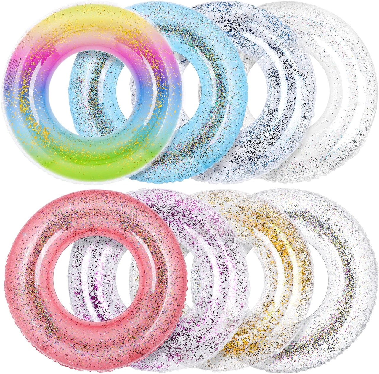 8 Pieces 36 Inches Inflatable Pool Floats Colorful Glitter Pool Tubes Transparent Swimming Ring Pool Floats Toy for Summer Beach, Pool Supplies